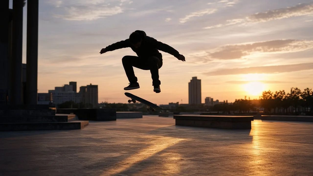 Skateboarder jump. An ollie on a city plaza at sunset.