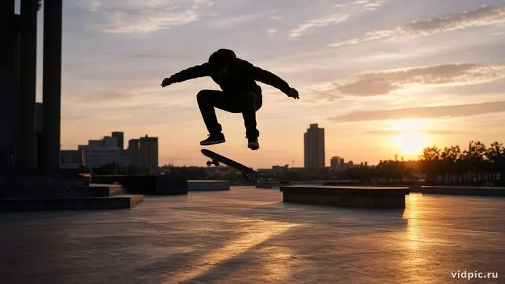 An ollie on a city plaza at sunset.