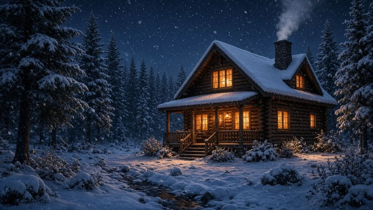 Snowy cabin at night. Warm windows of a wooden cabin in falling snow.