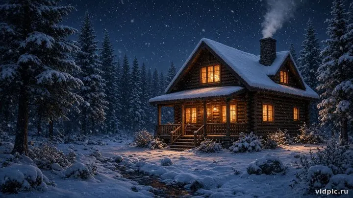 Warm windows of a wooden cabin in falling snow.