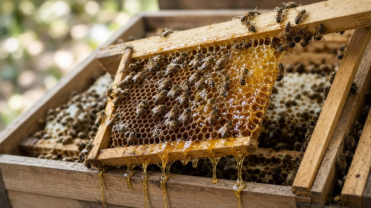 Honeycomb. Golden honey on frames with bees in daylight.