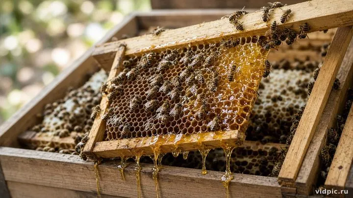 Golden honey on frames with bees in daylight.