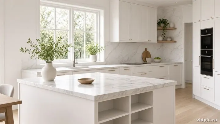 A bright minimal kitchen with marble counters.