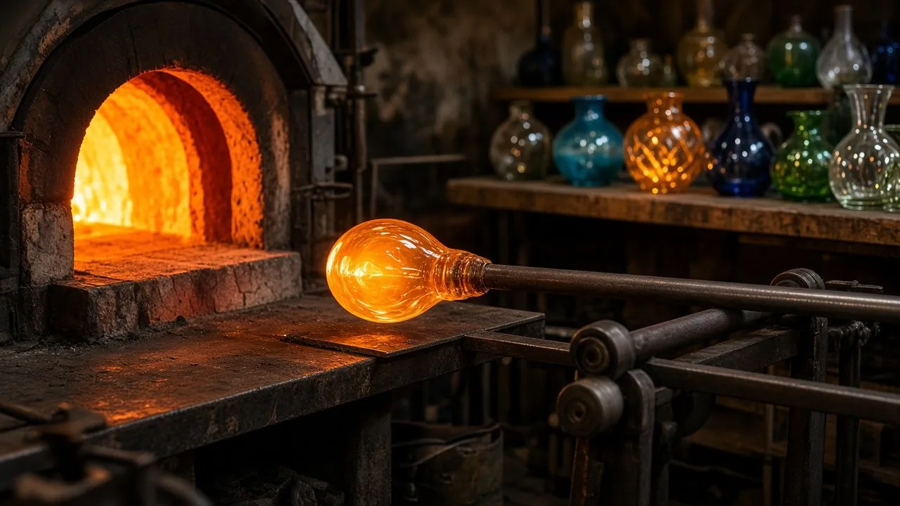 Glassblowing workshop. Molten glass by the furnace and finished vessels on shelves.