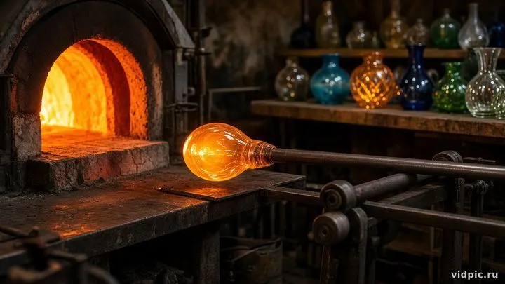 Molten glass by the furnace and finished vessels on shelves.