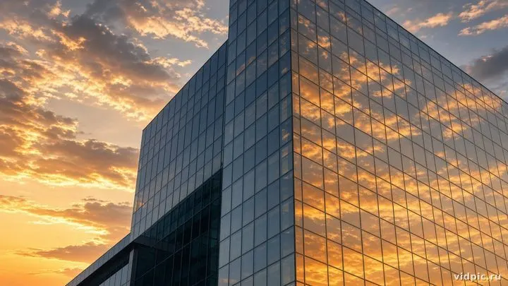 A modern glass facade reflecting golden sunset clouds.