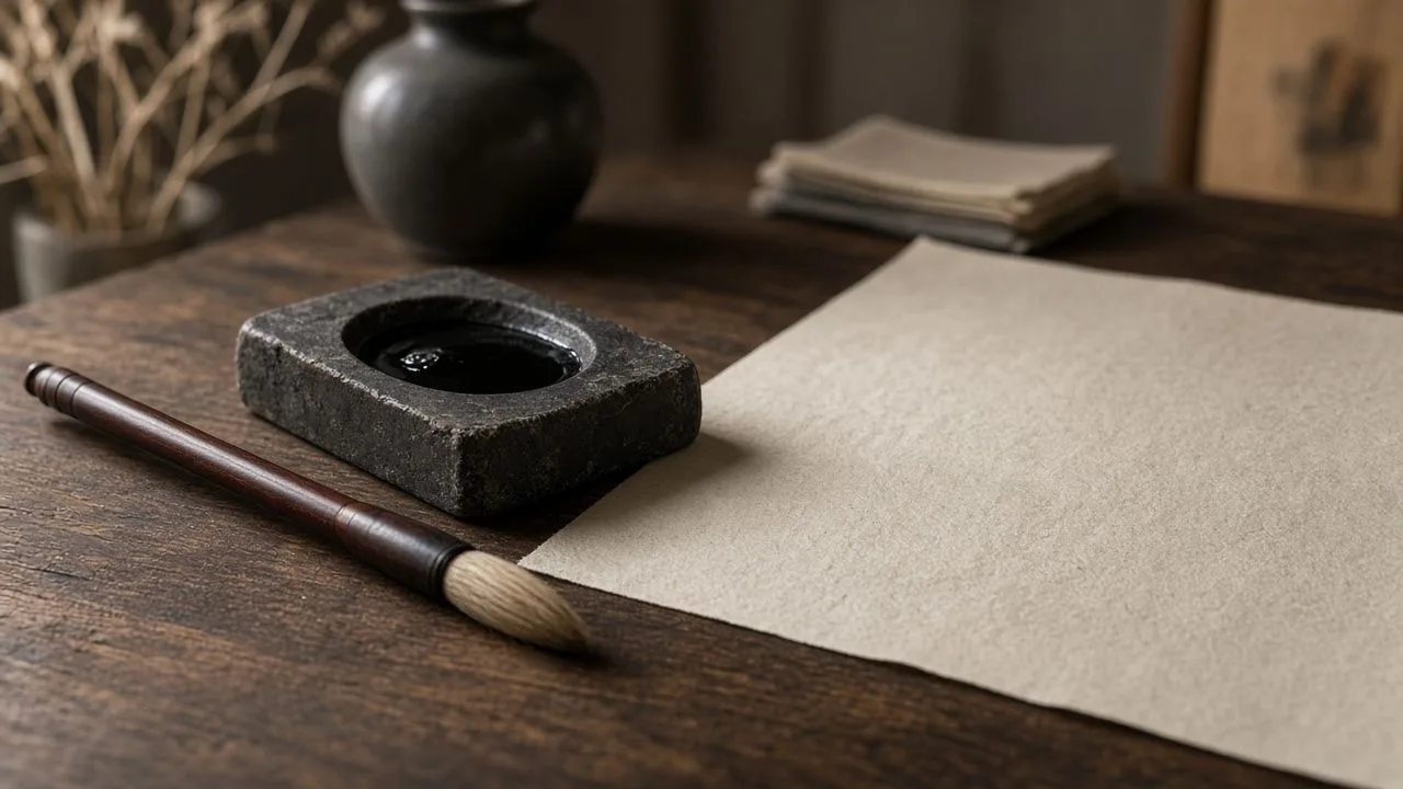 Calligraphy desk. Brush, ink stone and paper in soft side light.