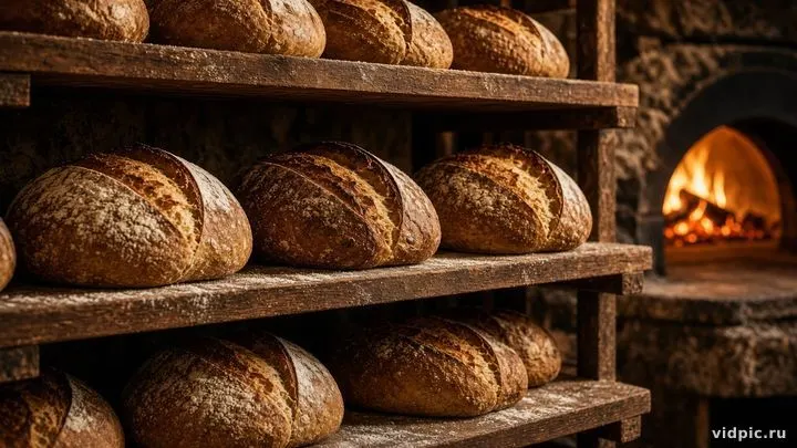 Warm artisan loaves on bakery shelves.