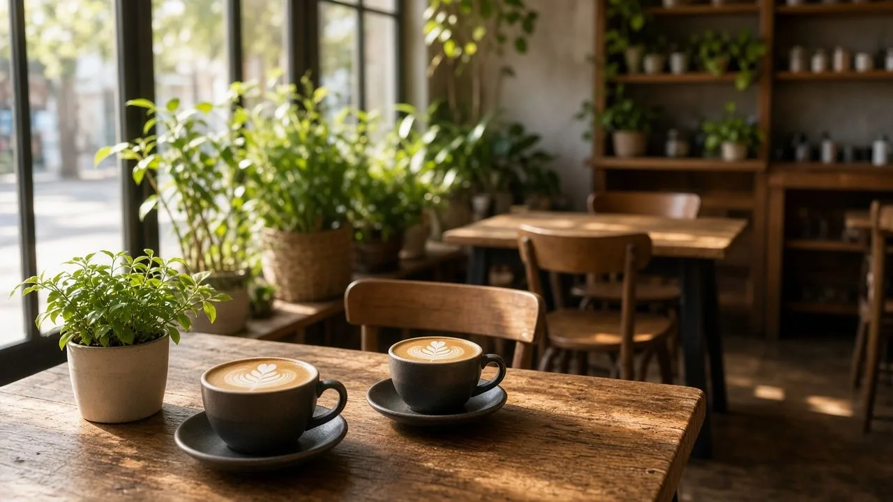Cozy coffee shop. Morning light in a cafe with wooden tables and latte art.