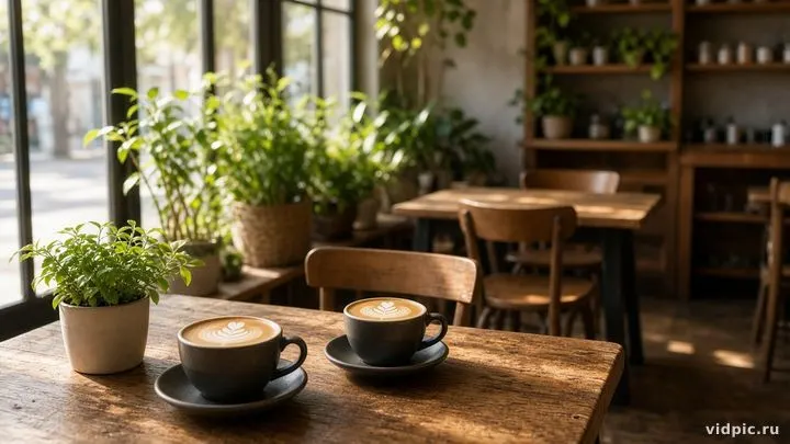 Morning light in a cafe with wooden tables and latte art.