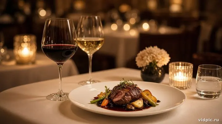 A romantic table with candles and wine glasses.