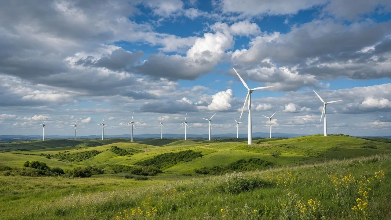 Wind turbines. White turbines across green rolling fields.