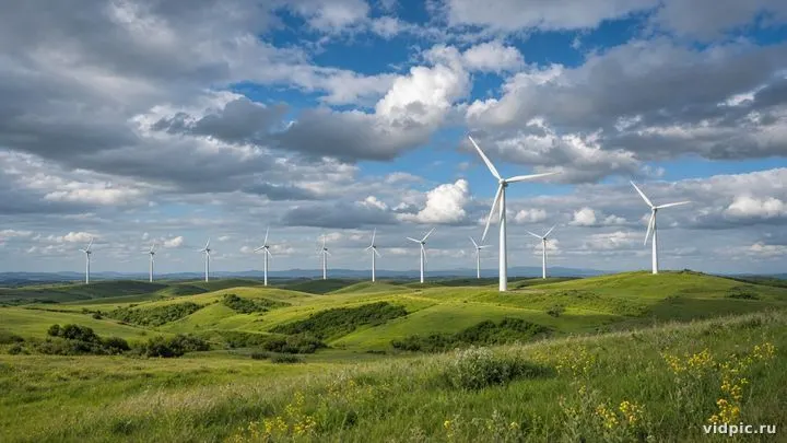 White turbines across green rolling fields.