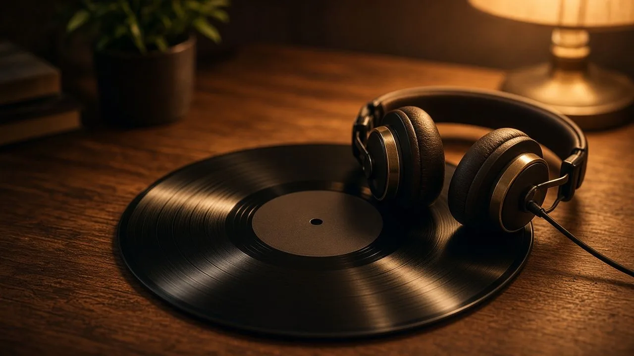 Vinyl and headphones. A cozy music still life in warm lamp light.