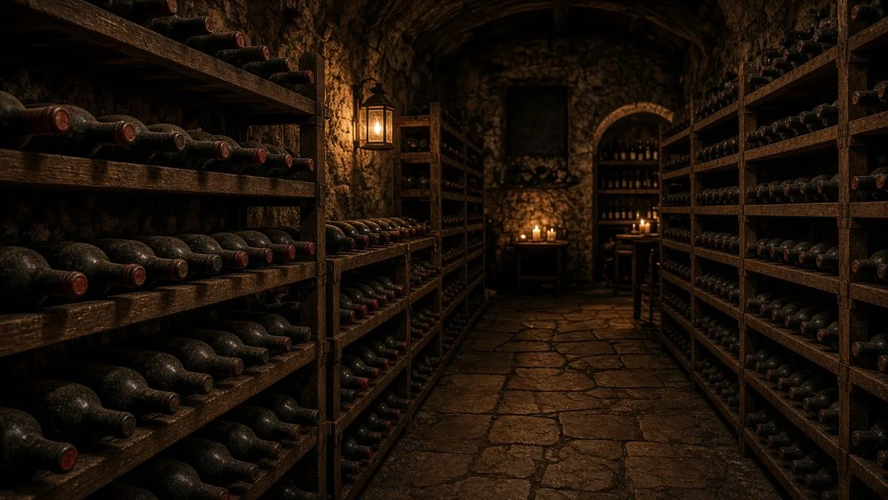 Wine cellar. Rows of bottles on wooden racks in warm light.