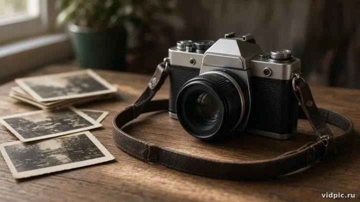 A film camera on a wooden desk by the window.