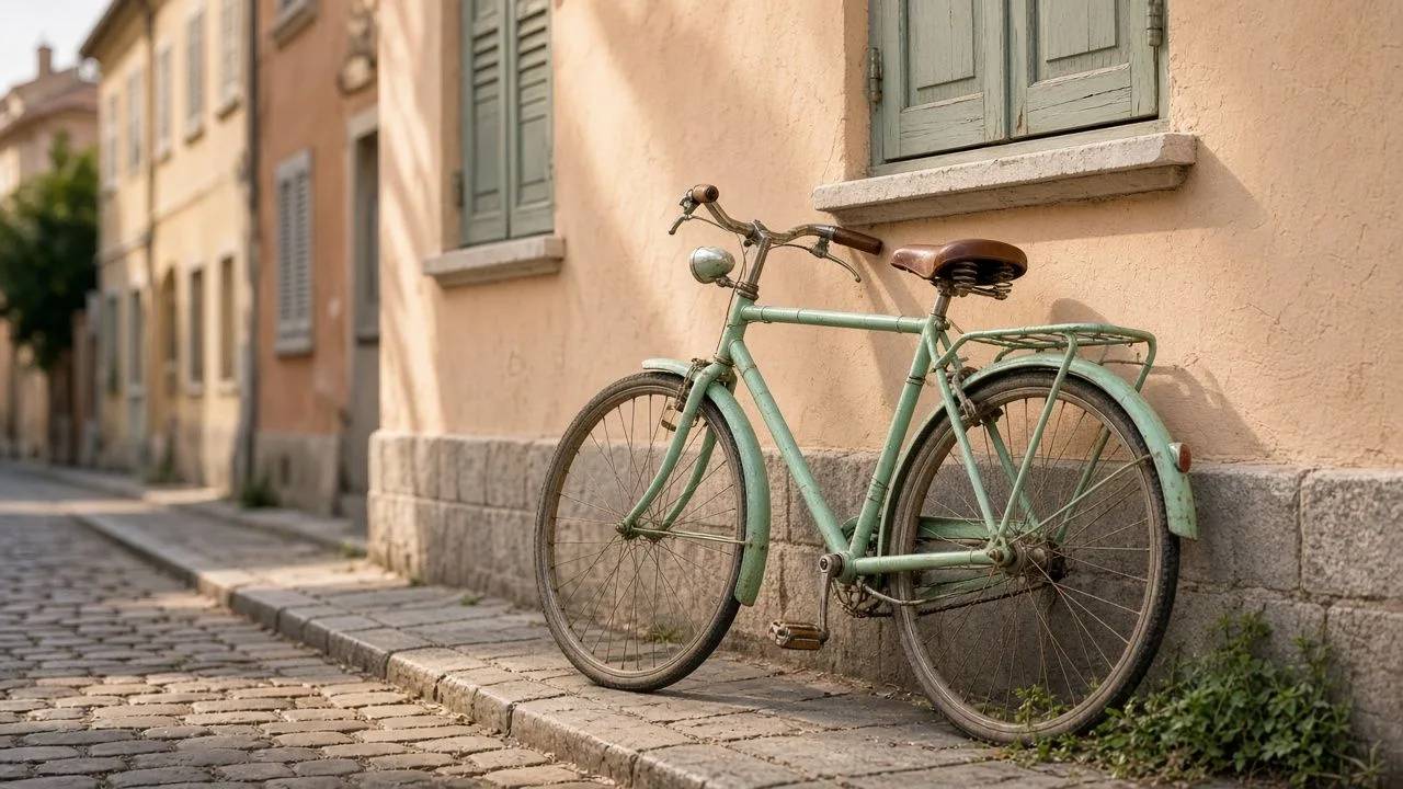 Vintage bicycle. A mint bicycle against a pastel European wall.