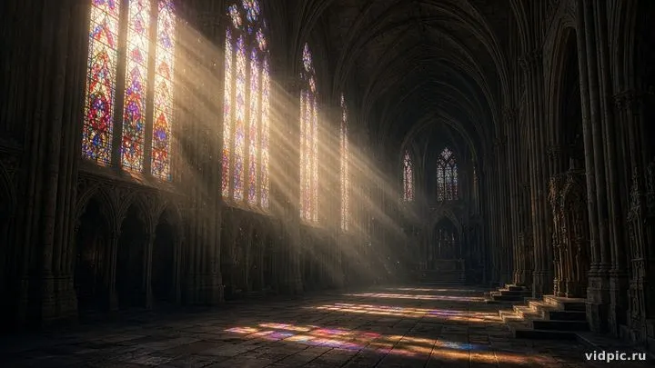 Colored light from stained glass over a cathedral stone floor.