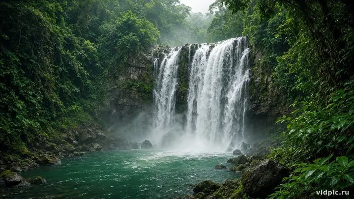 A powerful waterfall in lush tropical greenery.