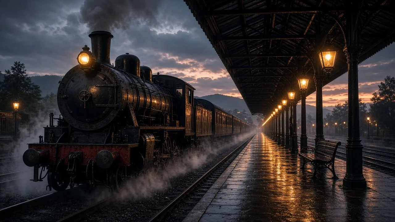 Station at dusk. A platform and steam locomotive in warm evening lights.