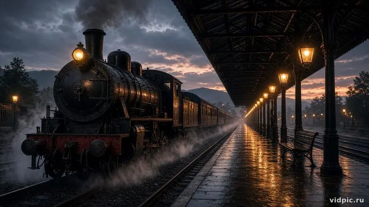 A platform and steam locomotive in warm evening lights.