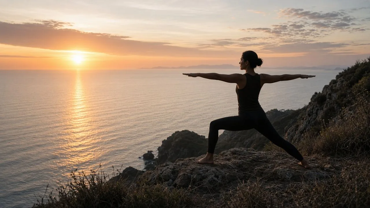 Yoga at sunrise. Warrior pose on a cliff above the ocean at sunrise.