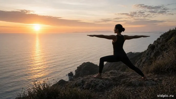 Warrior pose on a cliff above the ocean at sunrise.