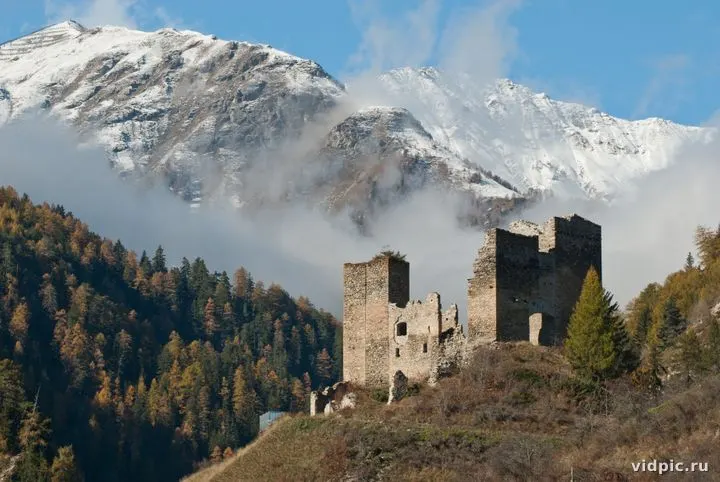 Tschanüff Castle with Background of Piz Spadla Mountain in Switzerland. Tschanüff Castle and parts of the Piz Spadla mountain in Switzerland.