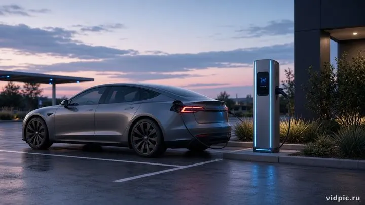 An electric car at a charging station at dusk.